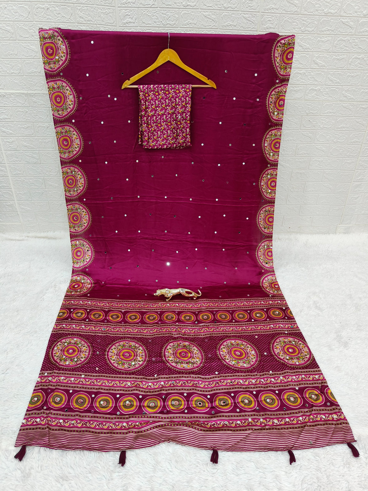 Glossy Party Wear Satin Silk Ajrak Printed Rich Pallu n Mirror Work  Designer Saree With Blissful Blouse Piece