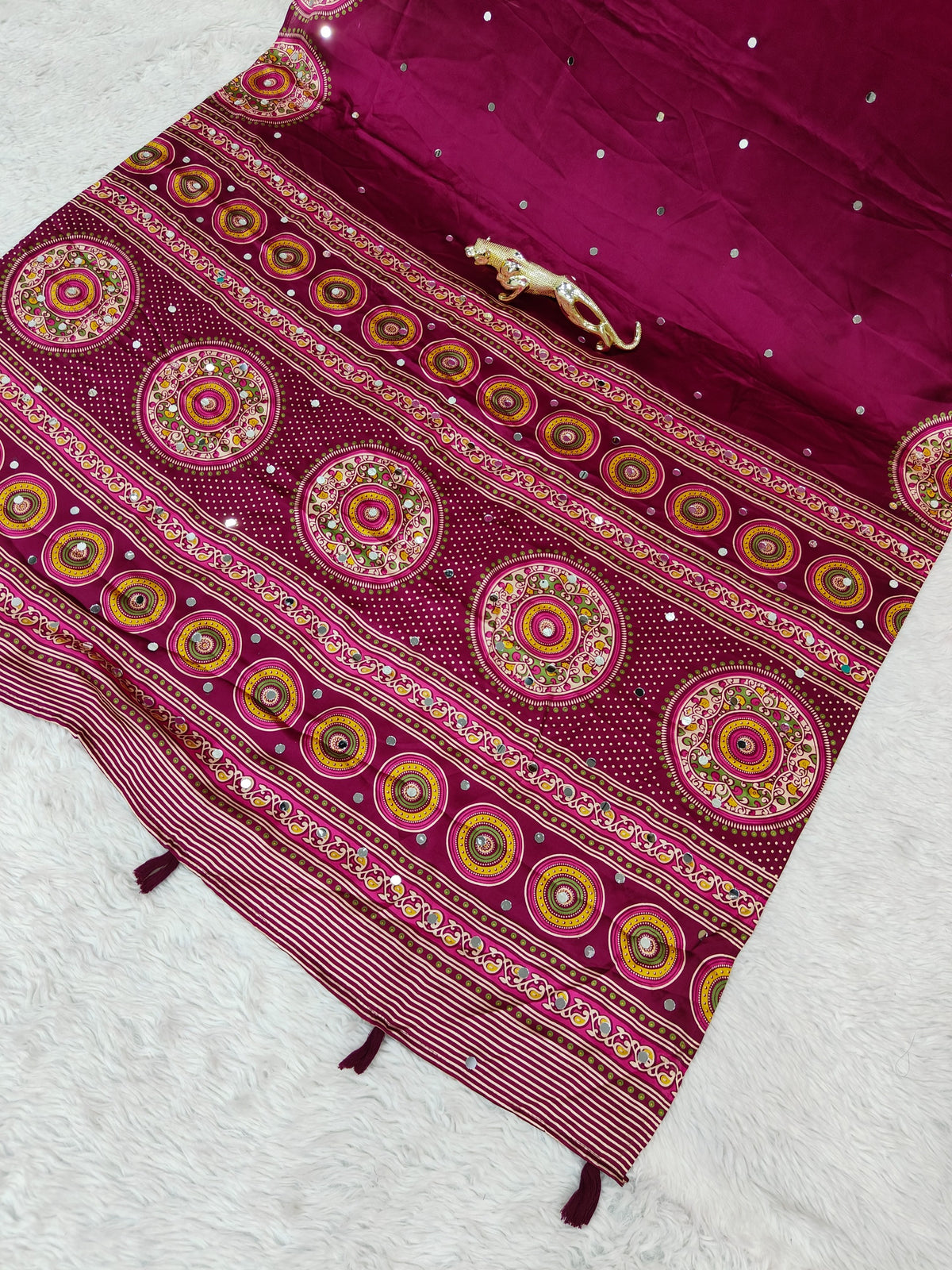 Glossy Party Wear Satin Silk Ajrak Printed Rich Pallu n Mirror Work  Designer Saree With Blissful Blouse Piece