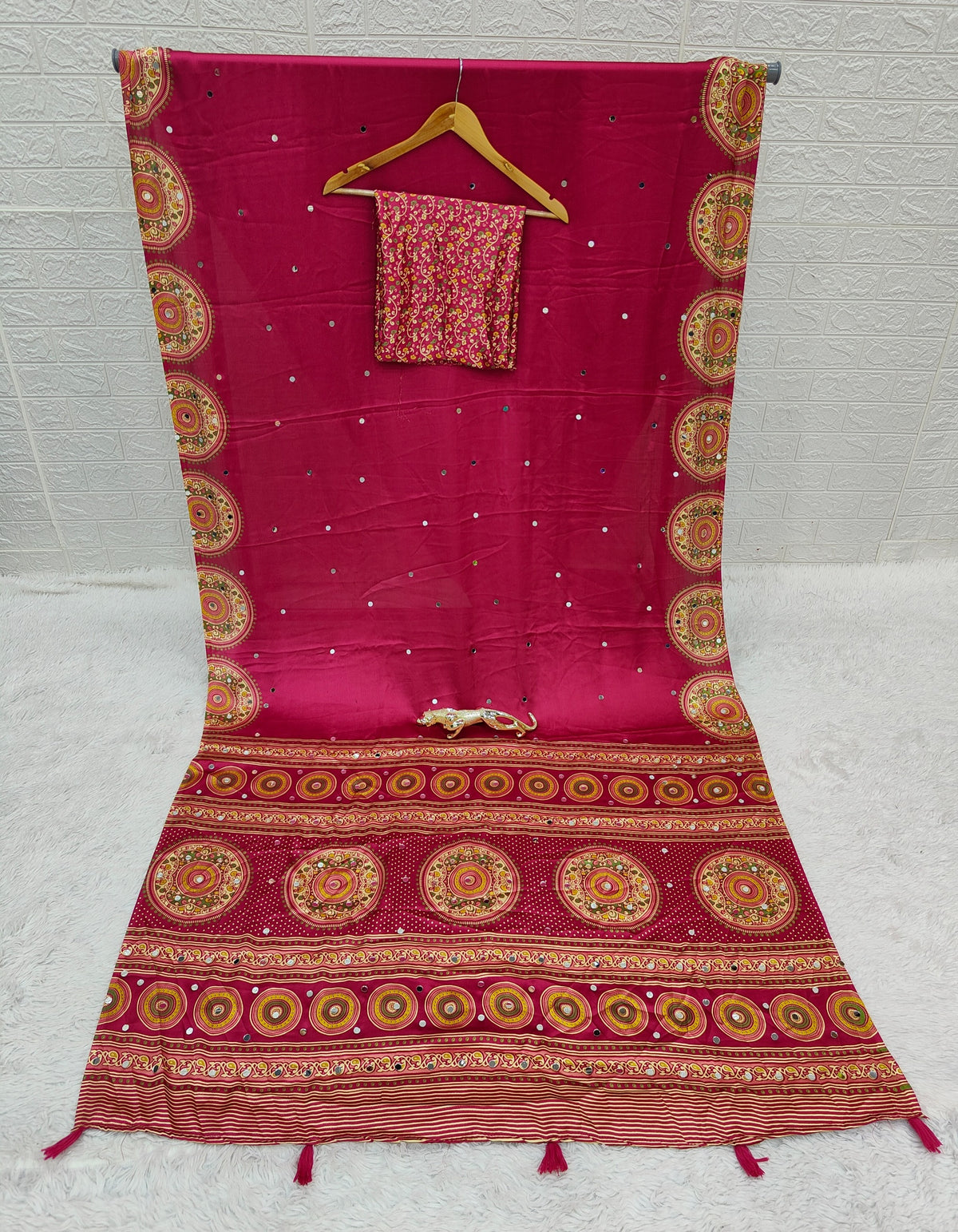 Glossy Party Wear Satin Silk Ajrak Printed Rich Pallu n Mirror Work  Designer Saree With Blissful Blouse Piece