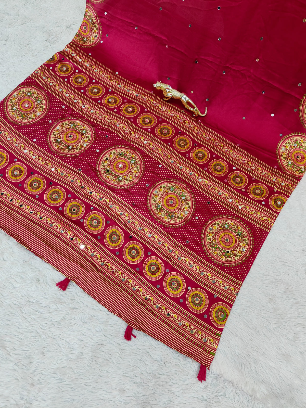 Glossy Party Wear Satin Silk Ajrak Printed Rich Pallu n Mirror Work  Designer Saree With Blissful Blouse Piece