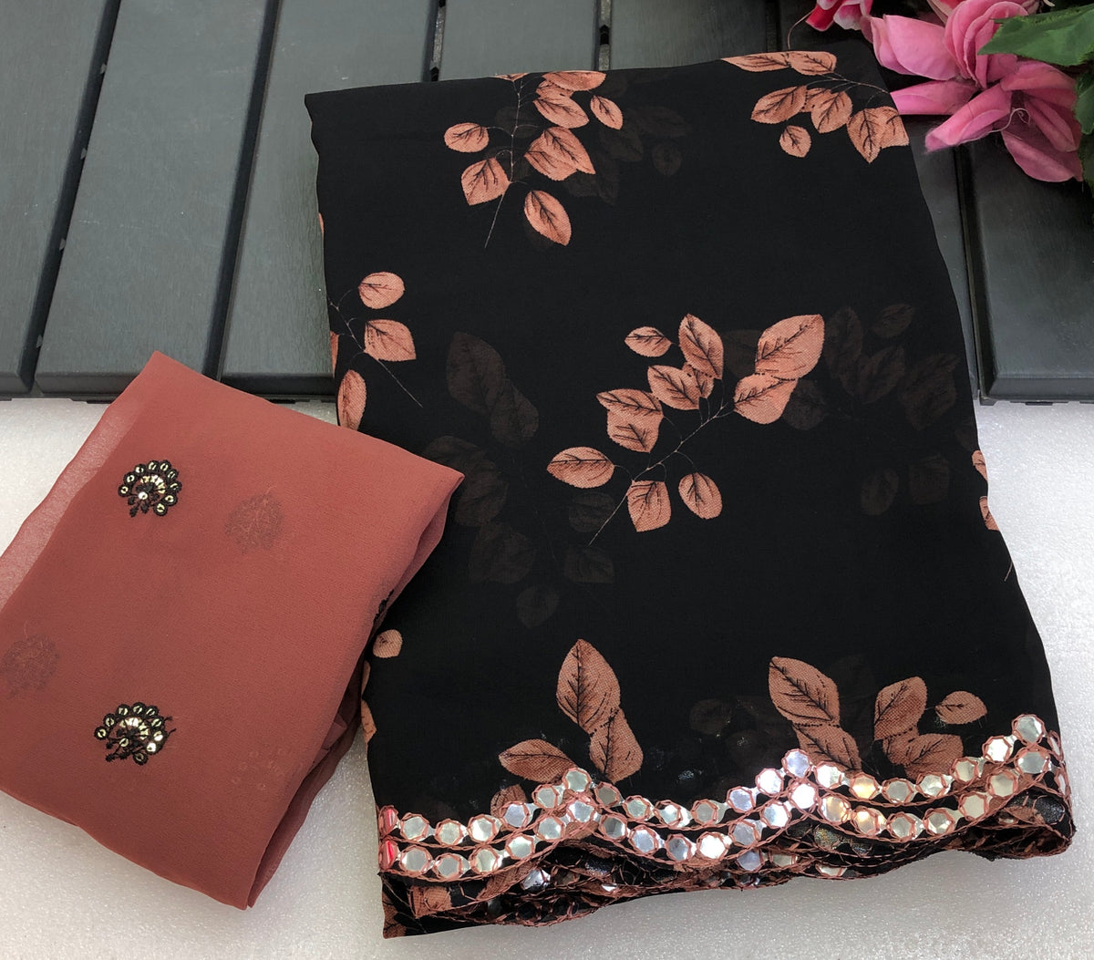 Blossom Festive Wear Pure Soft Chiffon Floral Print Design Mirror Work Saree With Blouse Piece