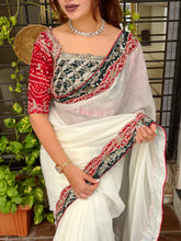 Load image into Gallery viewer, Luxury Party Wear Satin Bandhej Embroidered Saree With Sequin Lace Border Matching Stitched Blouse
