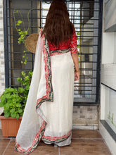 Load image into Gallery viewer, Luxury Party Wear Satin Bandhej Embroidered Saree With Sequin Lace Border Matching Stitched Blouse
