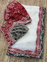 Load image into Gallery viewer, Luxury Party Wear Satin Bandhej Embroidered Saree With Sequin Lace Border Matching Stitched Blouse
