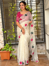 Load image into Gallery viewer, Glamorous Festive Wear Crystal Tissue Zari Embroiderey Hand Applique Work Fancy Designer Saree With Unstitched Blouse
