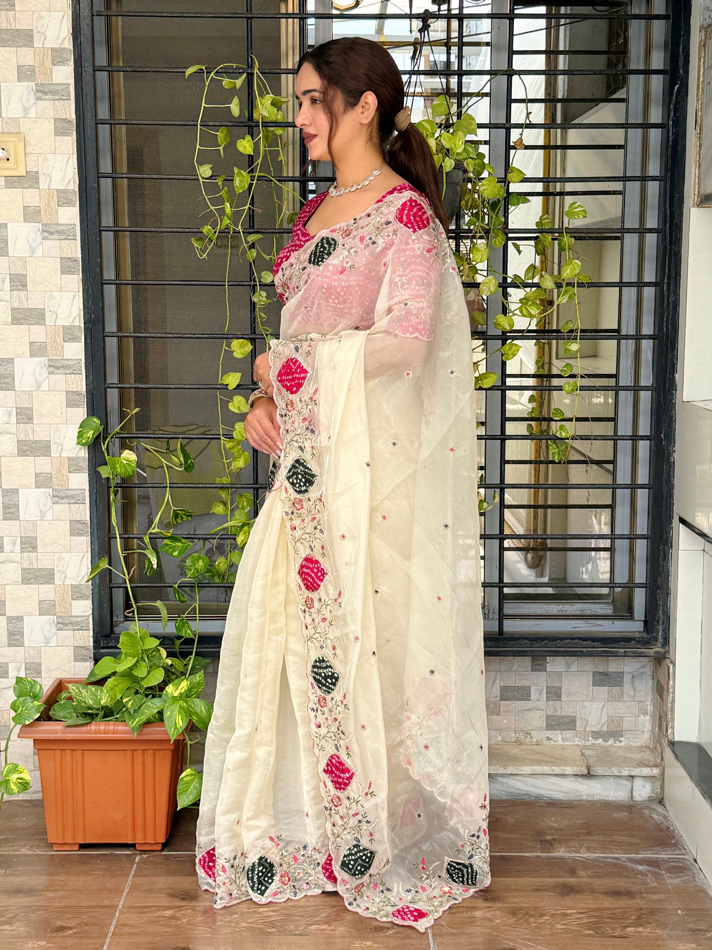 Glamorous Festive Wear Crystal Tissue Zari Embroiderey Hand Applique Work Fancy Designer Saree With Unstitched Blouse