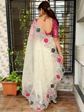 Load image into Gallery viewer, Glamorous Festive Wear Crystal Tissue Zari Embroiderey Hand Applique Work Fancy Designer Saree With Unstitched Blouse
