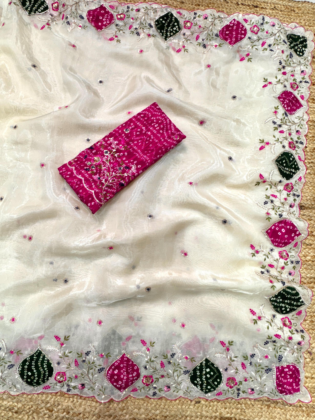 Glamorous Festive Wear Crystal Tissue Zari Embroiderey Hand Applique Work Fancy Designer Saree With Unstitched Blouse