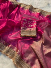 Load image into Gallery viewer, Gratifying Function Wear Rani Color Banarasi Tissue Silk Jacquard n Lace Work Fancy Designer Saree
