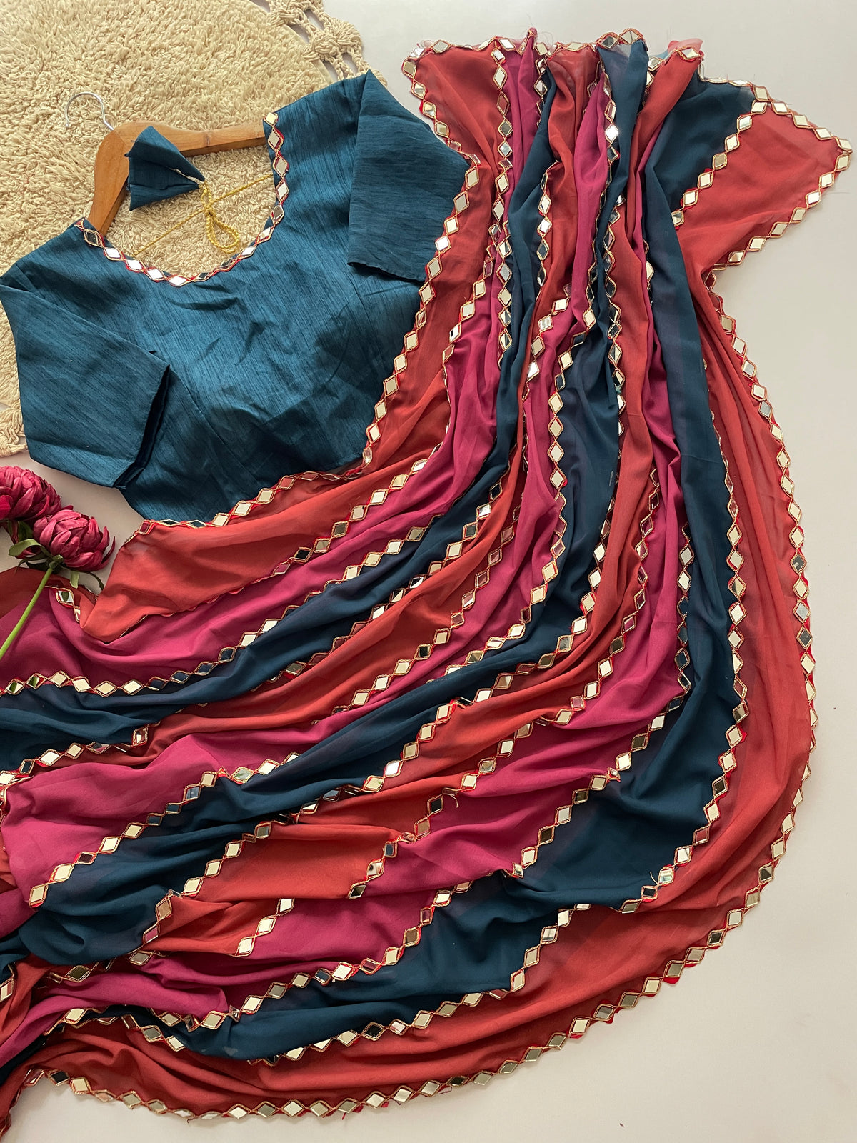 Splendorous Party Wear Multi Colour Faux Georgette Embroidery Lace With Original Mirror Work Fancy Designer Saree With Unstitched Blouse