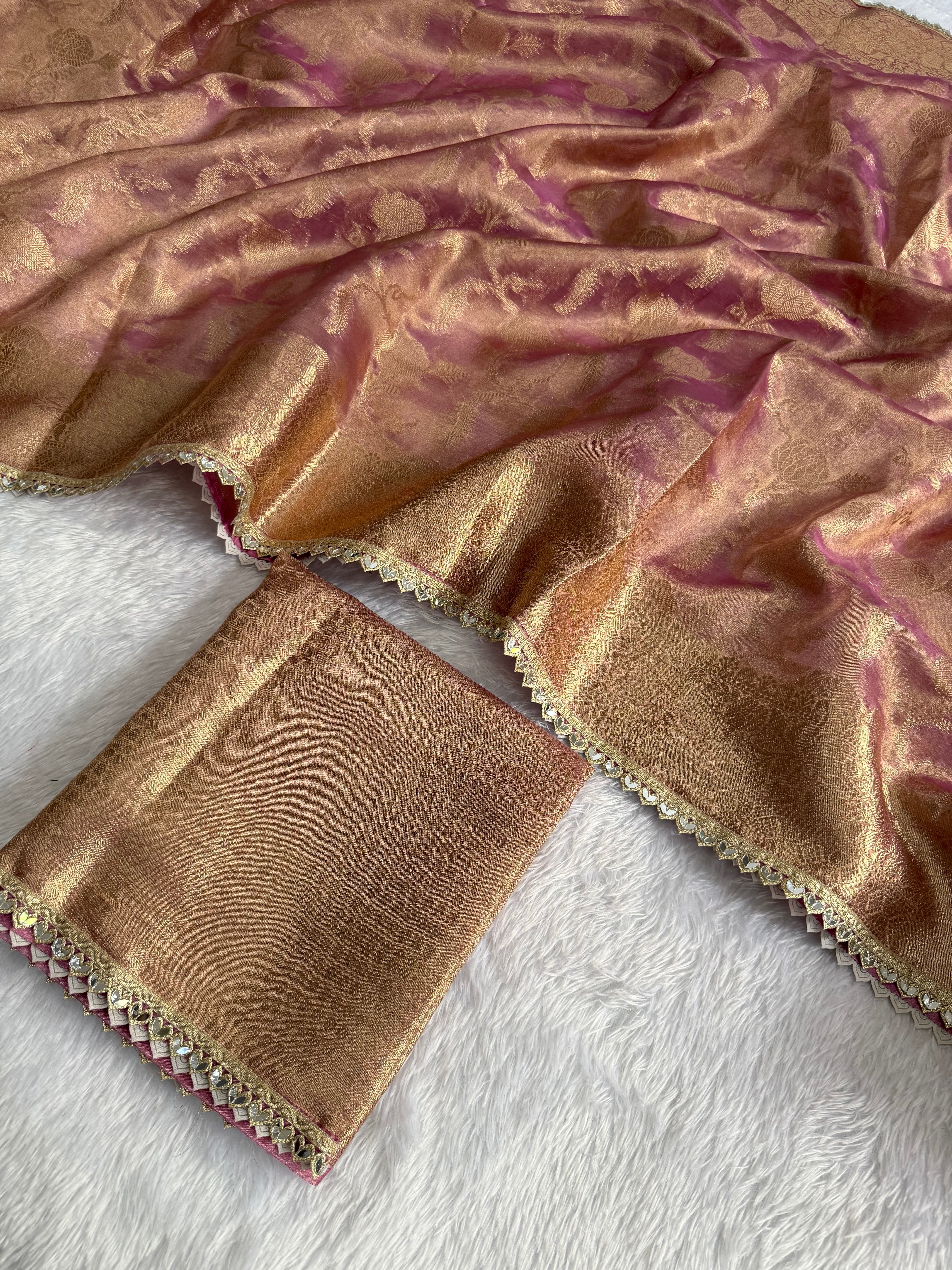 Incredible Party Wear Tissue Silk Jacquard Zari Weaving Work Designer Saree With Blouse Piece