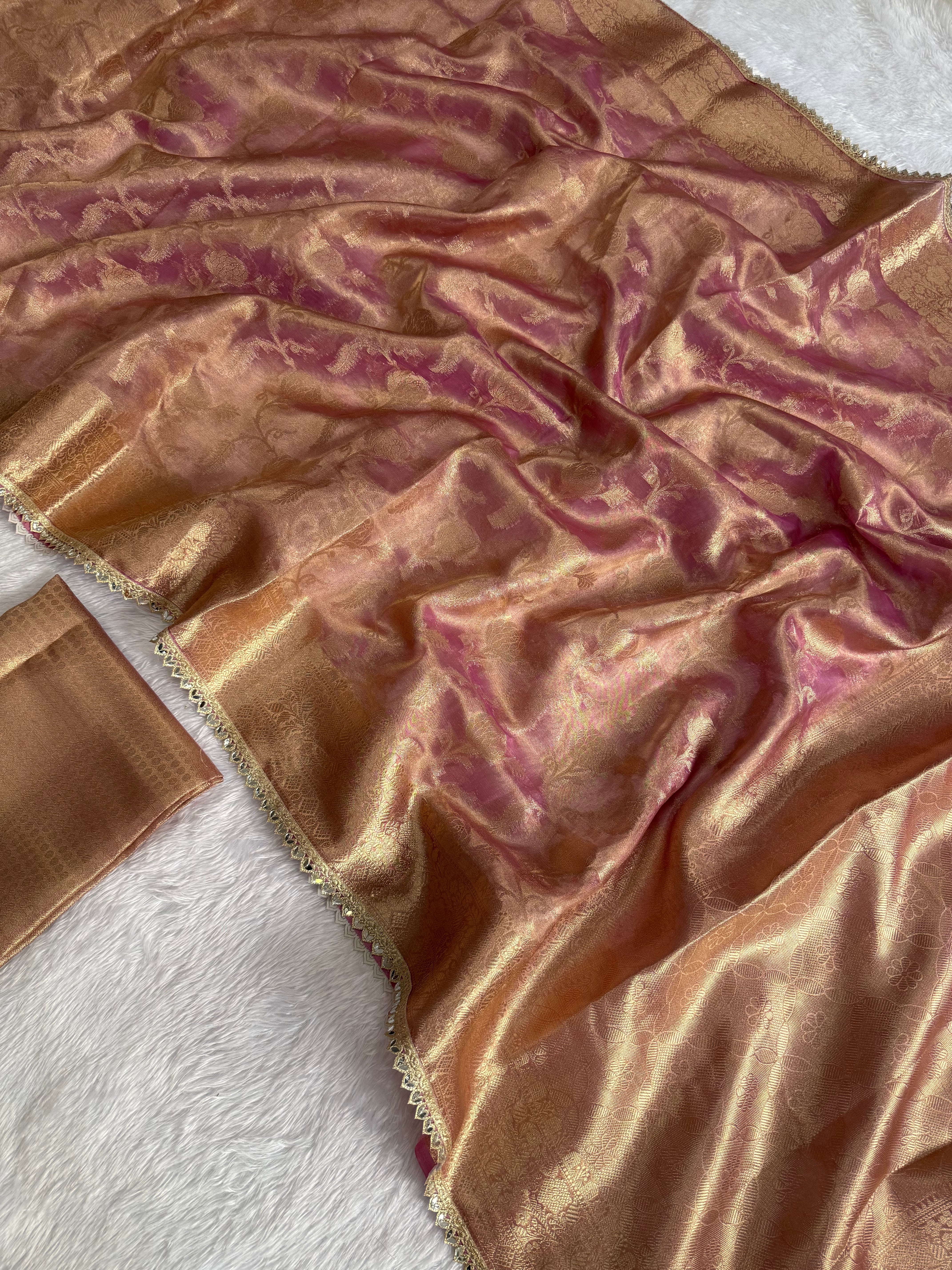 Incredible Party Wear Tissue Silk Jacquard Zari Weaving Work Designer Saree With Blouse Piece