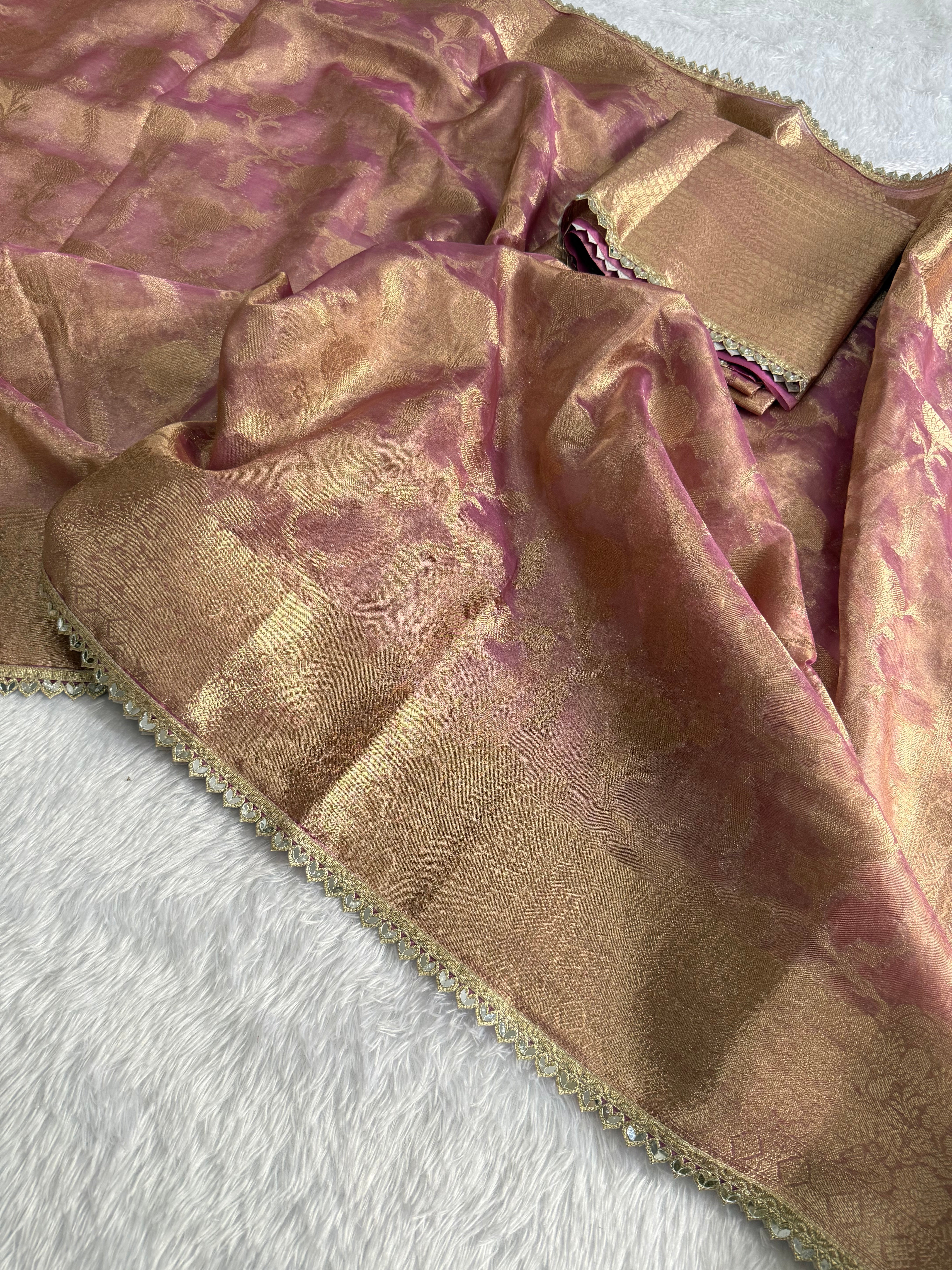 Incredible Party Wear Tissue Silk Jacquard Zari Weaving Work Designer Saree With Blouse Piece