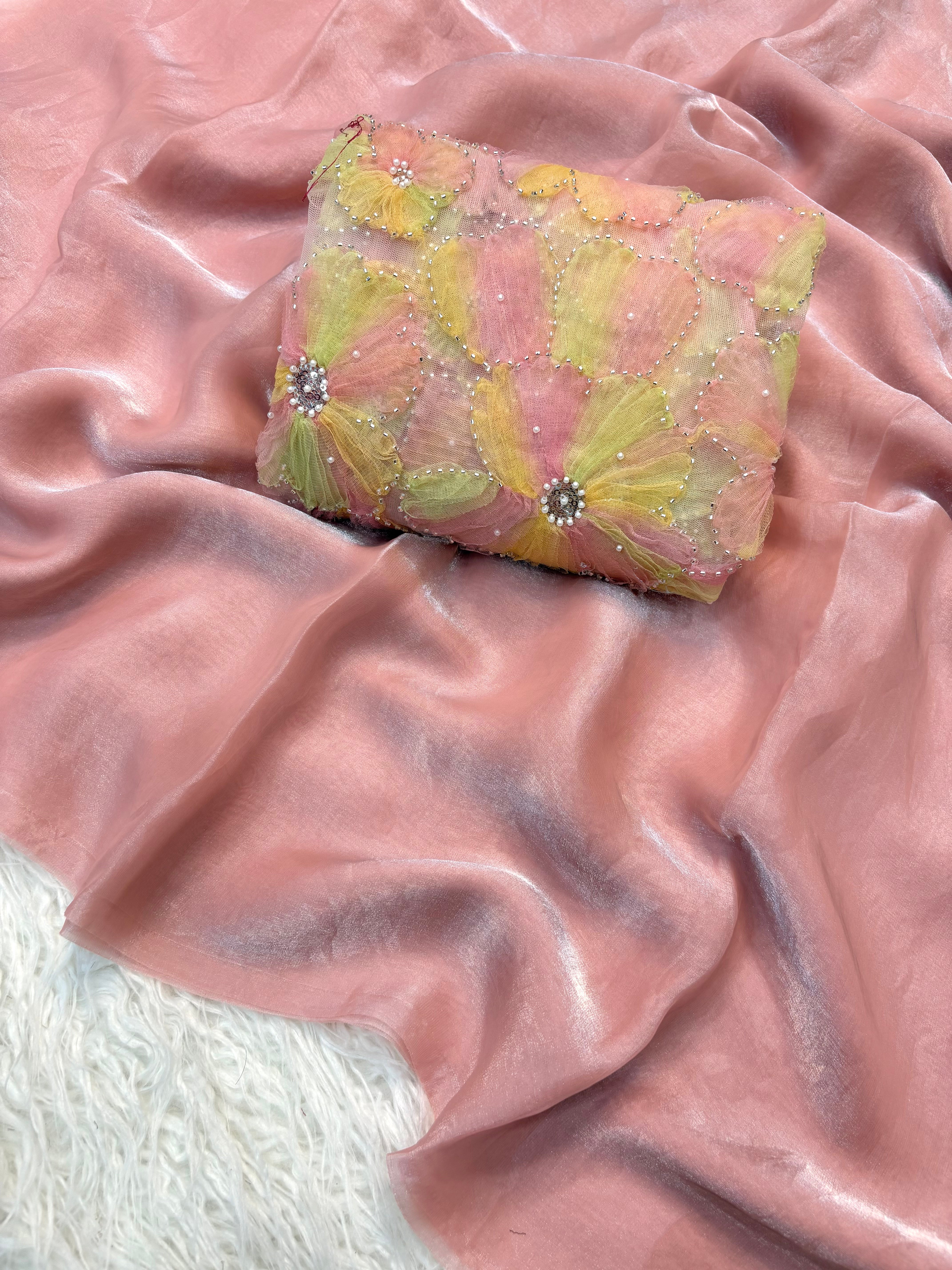 Gorgeous Function Wear Pure Soft Organza Tissue Silk Sequence Thread Work Blouse Fancy Designer Saree