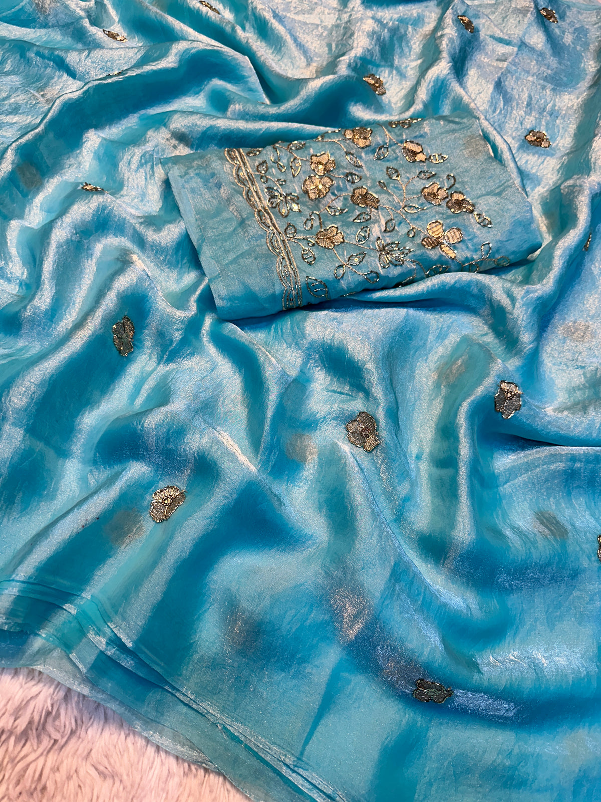 Adorning Party Wear Silk Embroidery n Beads Work Saree With Blouse Piece