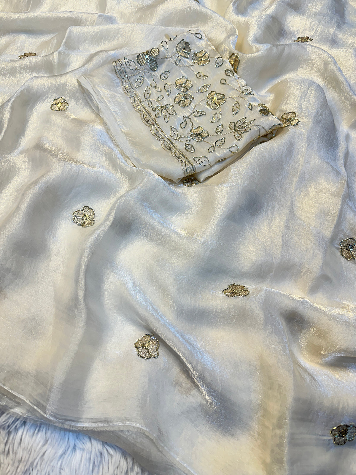 Adorning Party Wear Silk Embroidery n Beads Work Saree With Blouse Piece