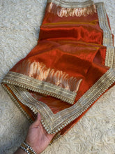 Load image into Gallery viewer, Outstanding Function Wear Orange Color Banarasi Tissue Silk Jacquard n Lace Work Fancy Designer Saree

