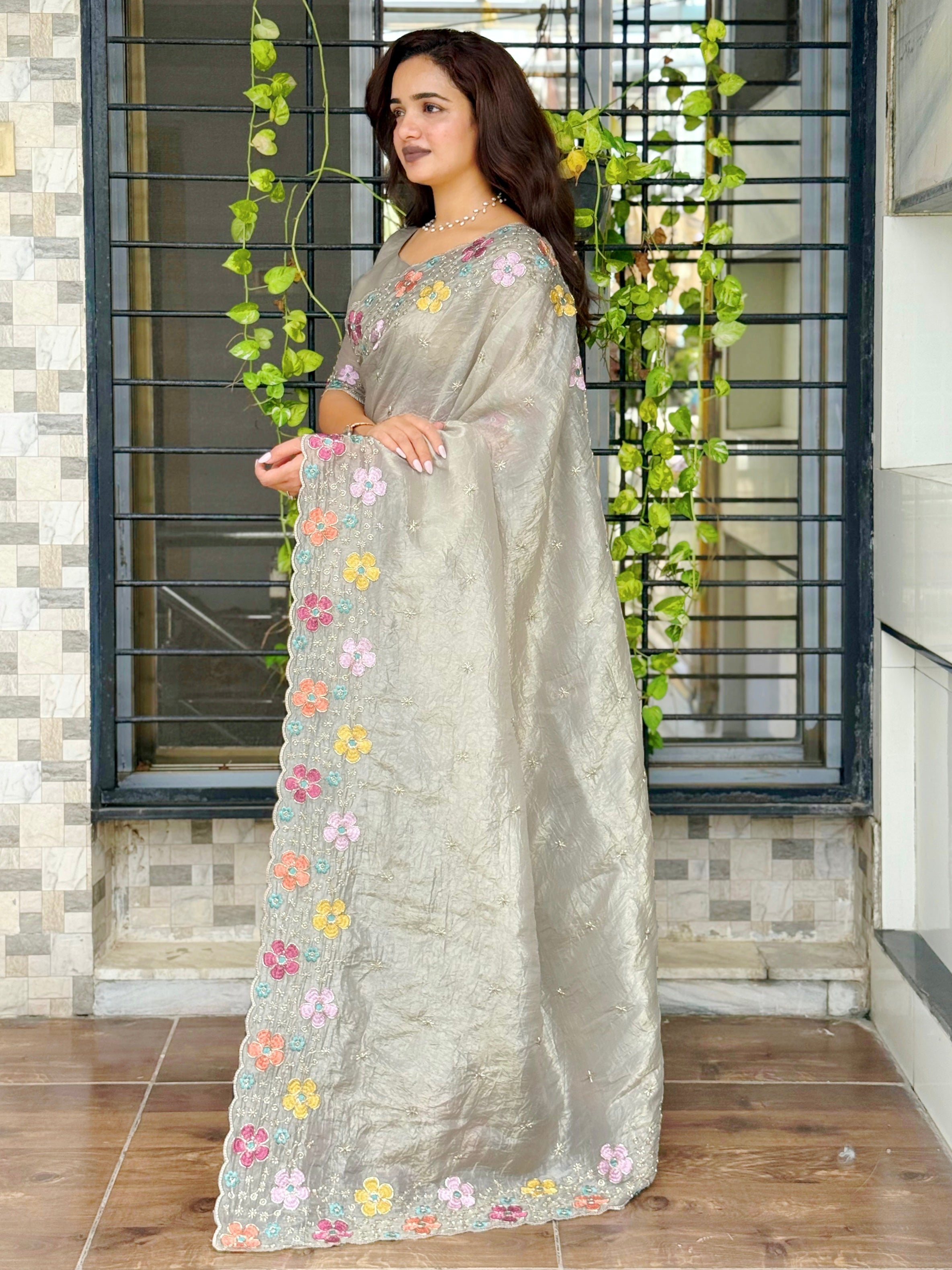 Sumptuous Sufi Silk Crush Thread n Sequence Beads Work Fancy Designer Saree With Exquisite Blouse Piece