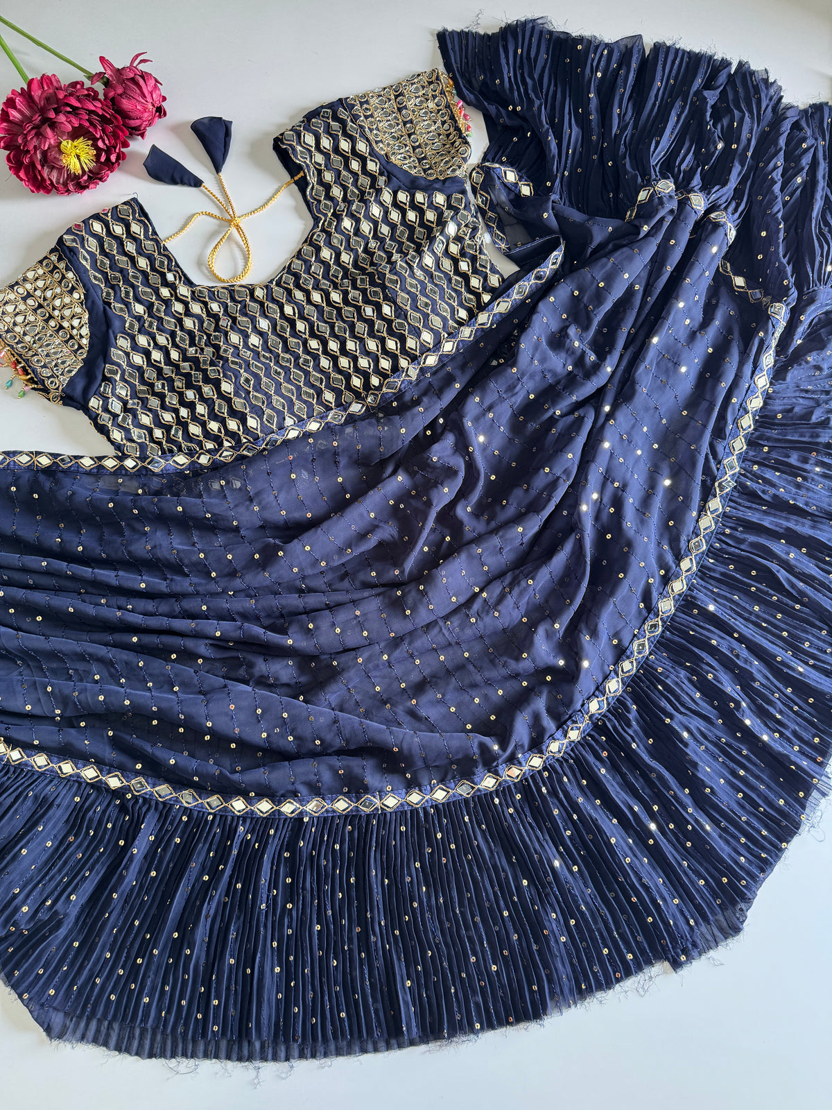 Blossom Wedding Wear Georgette Embroidery n Heavy Mirror Work Designer Saree With Stitched Blouse