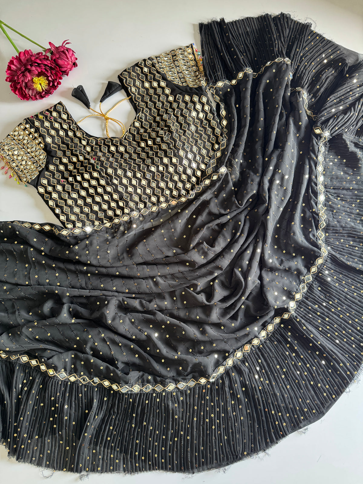 Blossom Wedding Wear Georgette Embroidery n Heavy Mirror Work Designer Saree With Stitched Blouse