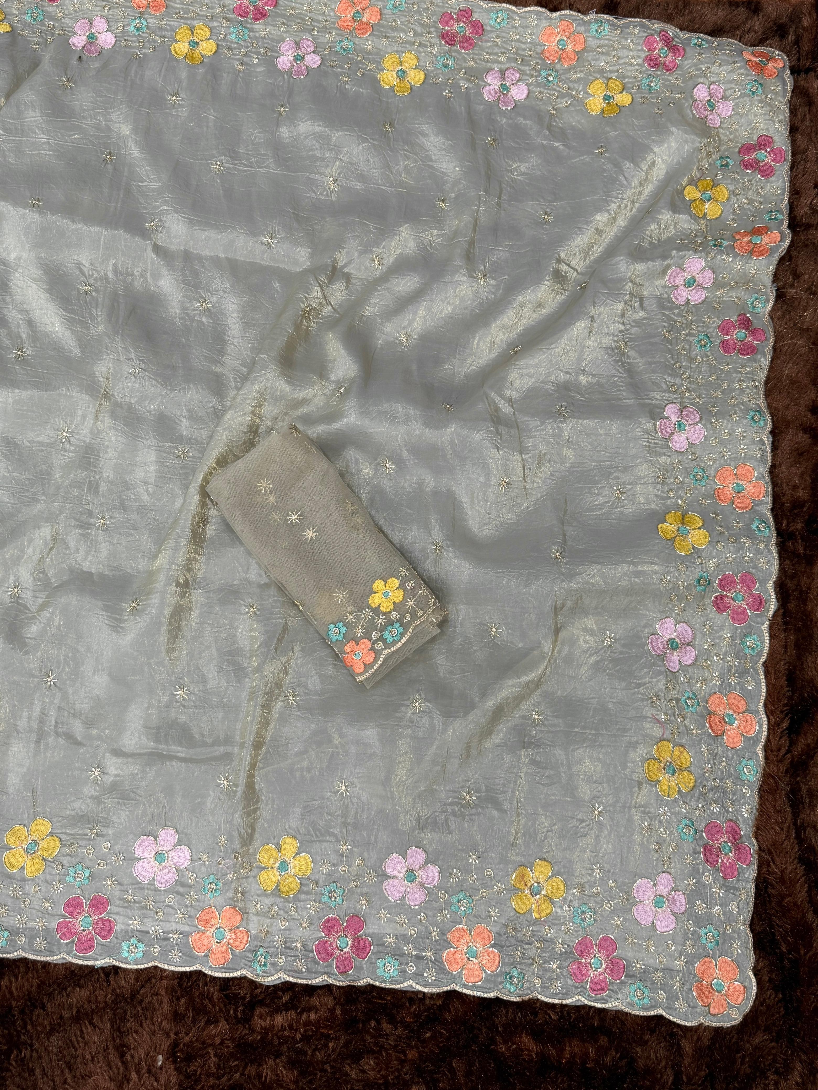 Sumptuous Sufi Silk Crush Thread n Sequence Beads Work Fancy Designer Saree With Exquisite Blouse Piece