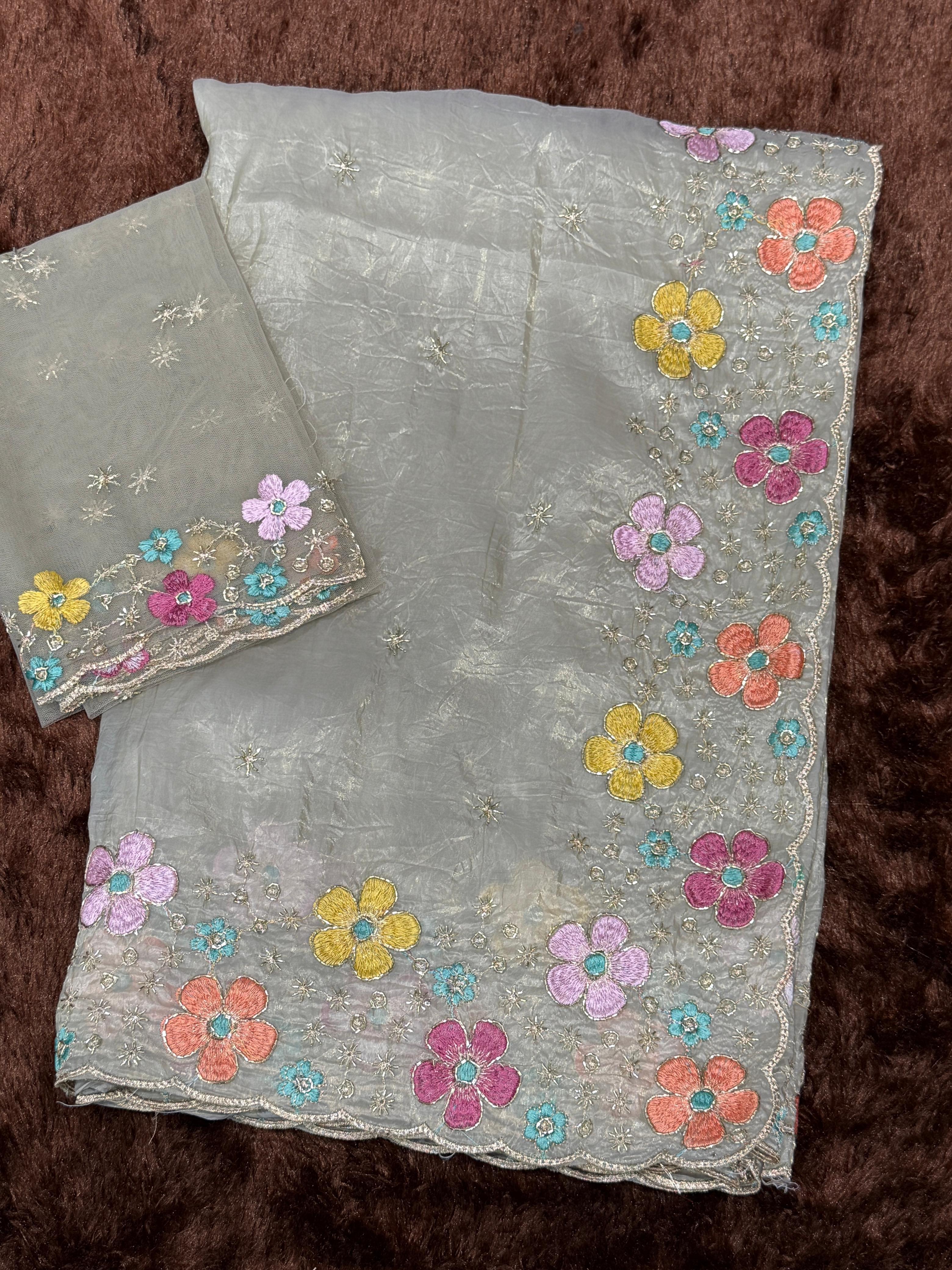 Sumptuous Sufi Silk Crush Thread n Sequence Beads Work Fancy Designer Saree With Exquisite Blouse Piece