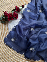 Load image into Gallery viewer, Glorious Wedding Wear Blue Colour Pure Organza Silk Heavy Lace Work With Pearls Fancy Designer Saree
