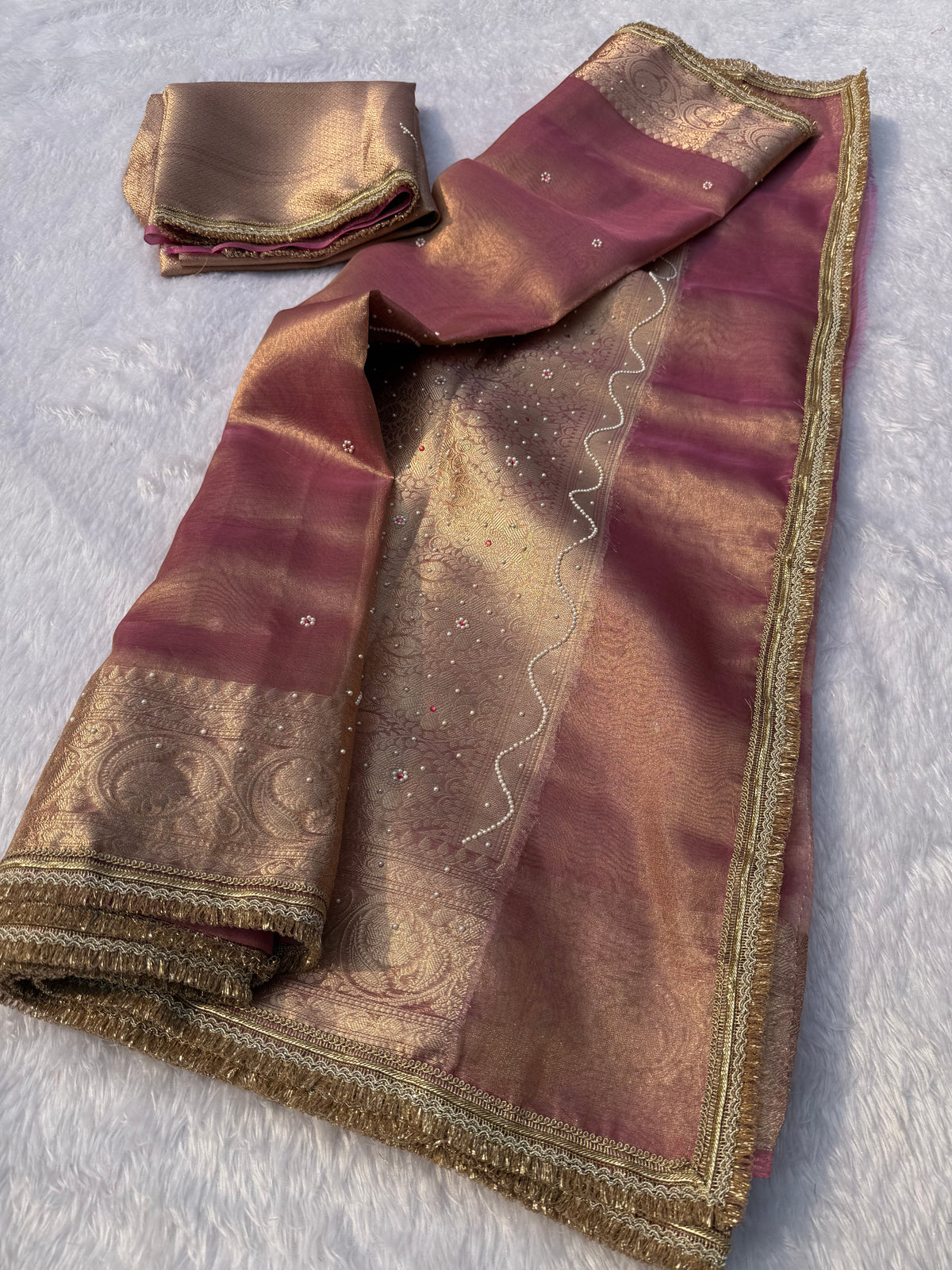 Gratifying Festive Wear Banarasi Tissue Silk Jacquard Border n Handwork Saree With Elegant Blouse Piece