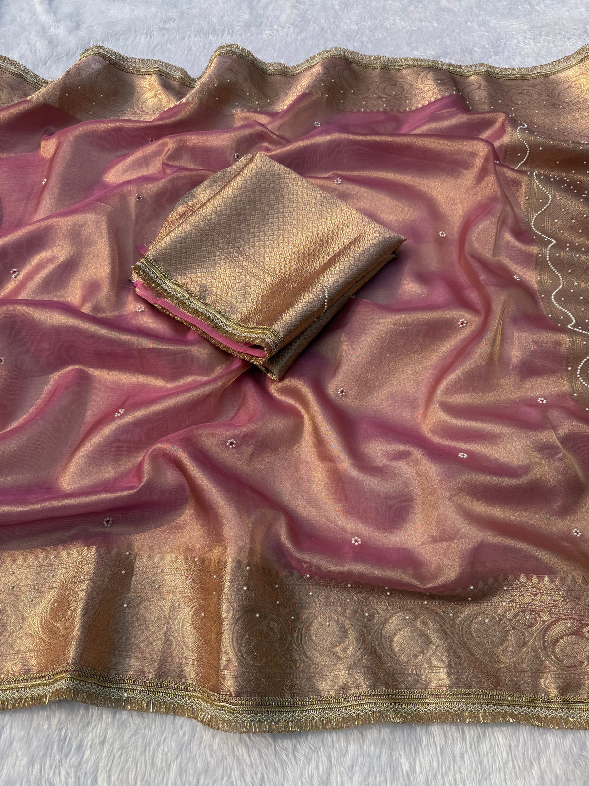 Gratifying Festive Wear Banarasi Tissue Silk Jacquard Border n Handwork Saree With Elegant Blouse Piece