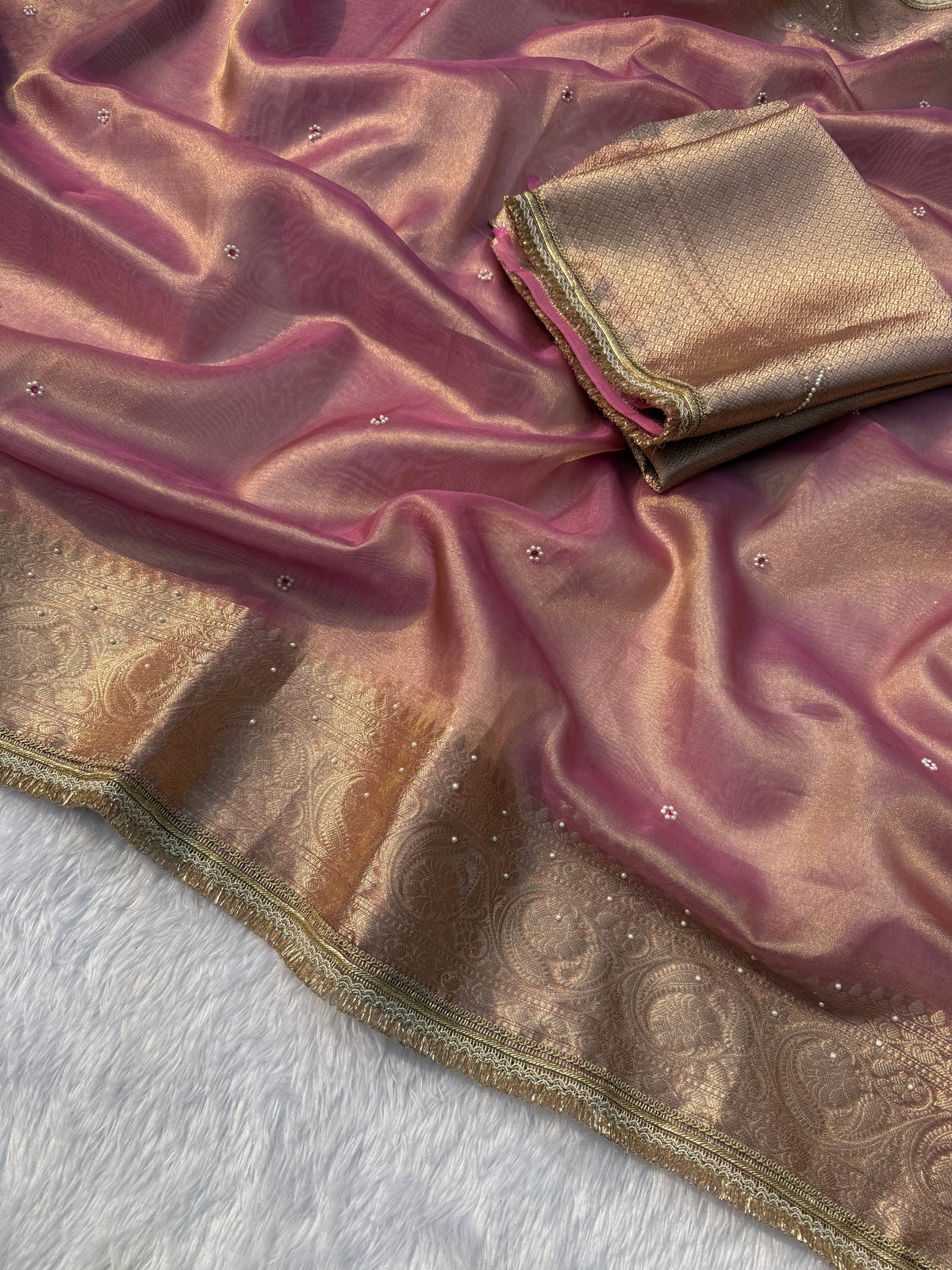 Gratifying Festive Wear Banarasi Tissue Silk Jacquard Border n Handwork Saree With Elegant Blouse Piece