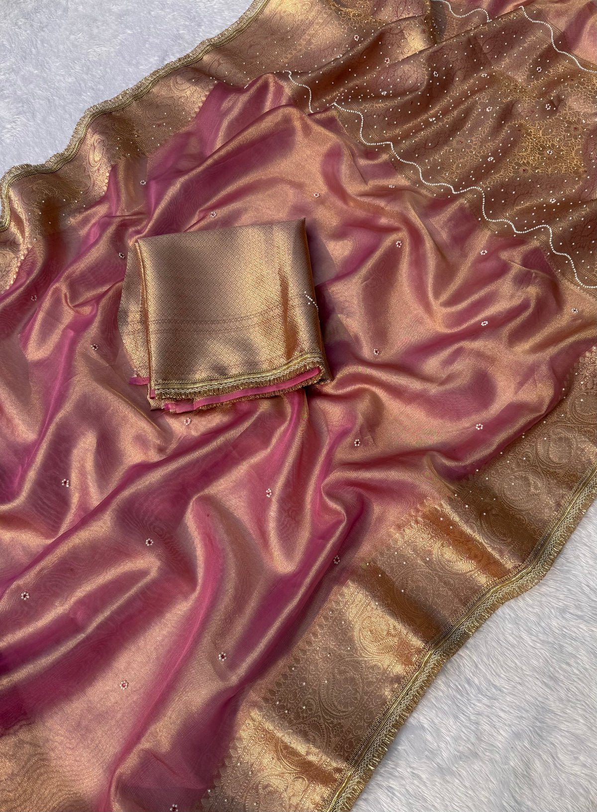 Gratifying Festive Wear Banarasi Tissue Silk Jacquard Border n Handwork Saree With Elegant Blouse Piece