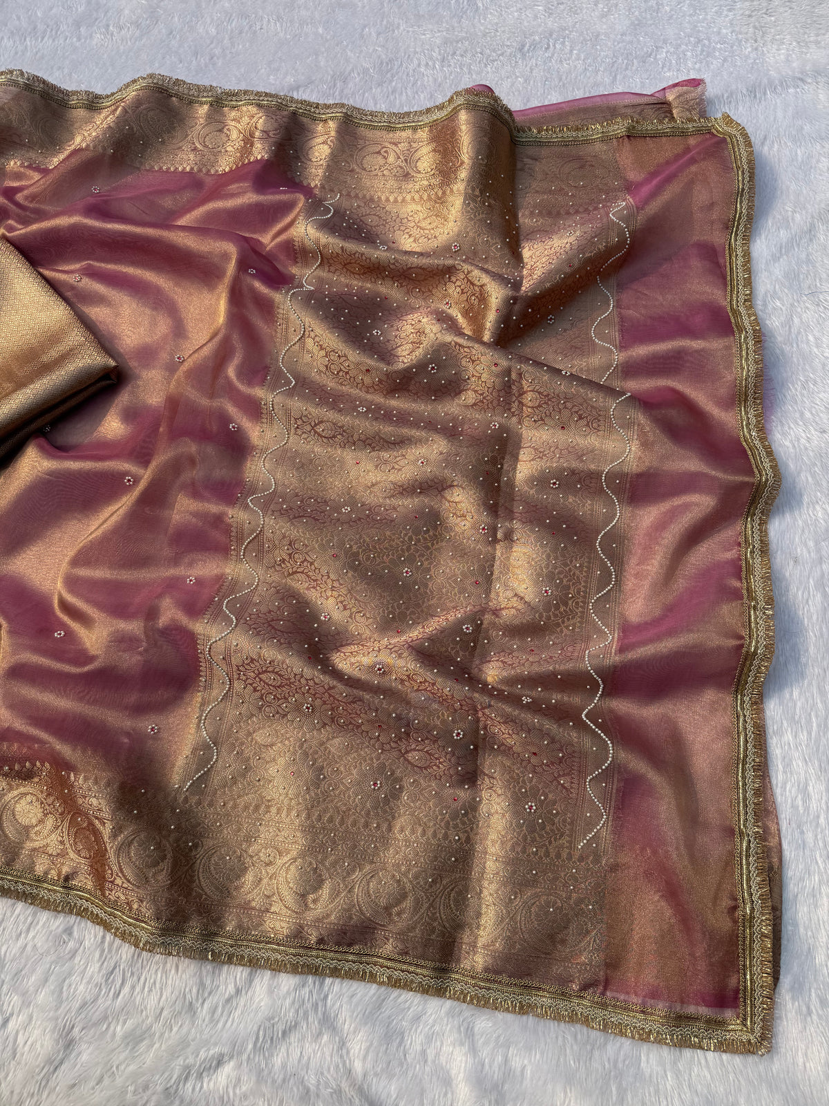 Gratifying Festive Wear Banarasi Tissue Silk Jacquard Border n Handwork Saree With Elegant Blouse Piece