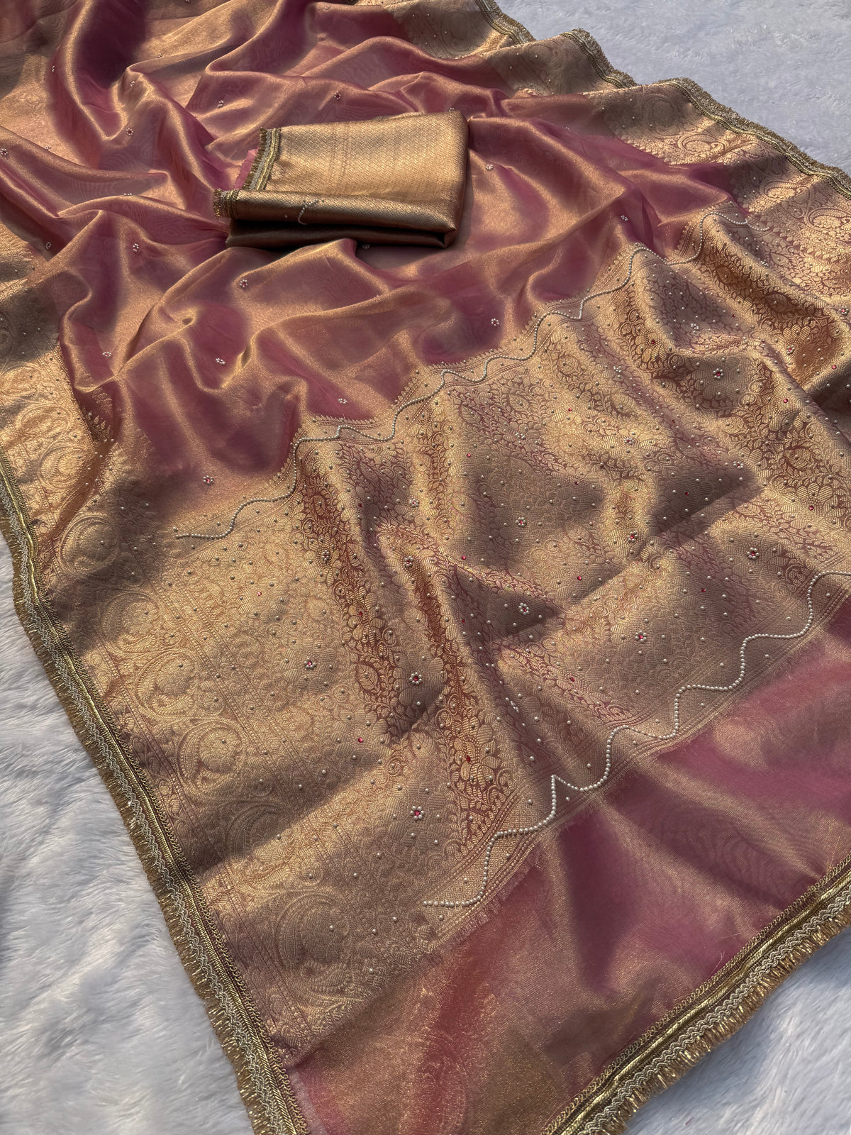 Gratifying Festive Wear Banarasi Tissue Silk Jacquard Border n Handwork Saree With Elegant Blouse Piece