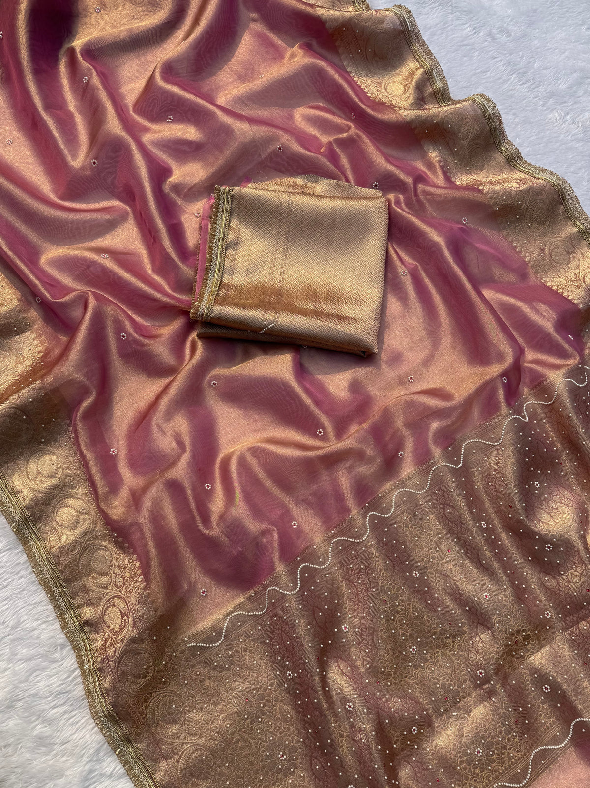 Gratifying Festive Wear Banarasi Tissue Silk Jacquard Border n Handwork Saree With Elegant Blouse Piece