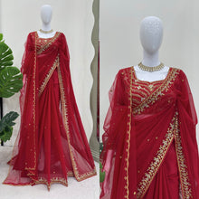 Load image into Gallery viewer, New Festive Wear Gorgeous Red Color Faux Georgette Embroidery Work Fancy Designer Saree With Unstitched Blouse
