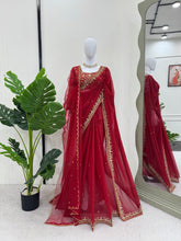 Load image into Gallery viewer, New Festive Wear Gorgeous Red Color Faux Georgette Embroidery Work Fancy Designer Saree With Unstitched Blouse
