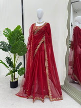 Load image into Gallery viewer, New Festive Wear Gorgeous Red Color Faux Georgette Embroidery Work Fancy Designer Saree With Unstitched Blouse
