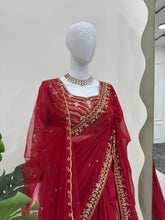 Load image into Gallery viewer, New Festive Wear Gorgeous Red Color Faux Georgette Embroidery Work Fancy Designer Saree With Unstitched Blouse
