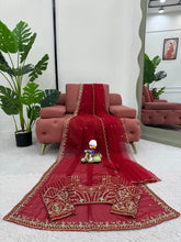 Load image into Gallery viewer, New Festive Wear Gorgeous Red Color Faux Georgette Embroidery Work Fancy Designer Saree With Unstitched Blouse
