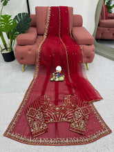 Load image into Gallery viewer, New Festive Wear Gorgeous Red Color Faux Georgette Embroidery Work Fancy Designer Saree With Unstitched Blouse
