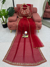 Load image into Gallery viewer, New Festive Wear Gorgeous Red Color Faux Georgette Embroidery Work Fancy Designer Saree With Unstitched Blouse

