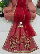 Load image into Gallery viewer, New Festive Wear Gorgeous Red Color Faux Georgette Embroidery Work Fancy Designer Saree With Unstitched Blouse
