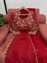 Load image into Gallery viewer, New Festive Wear Gorgeous Red Color Faux Georgette Embroidery Work Fancy Designer Saree With Unstitched Blouse
