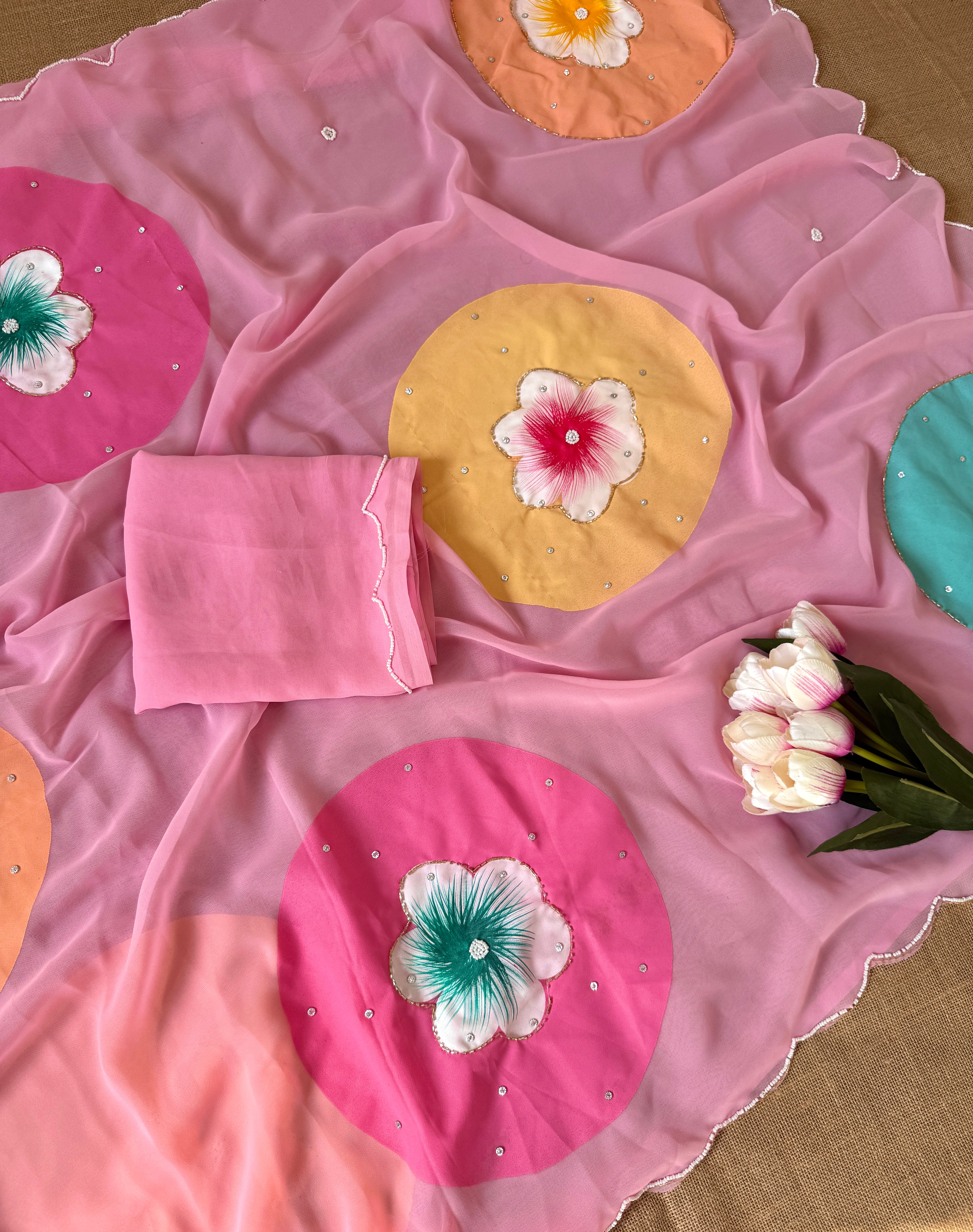 Attractive Festive Wear Soft Pure Georgette Handwork Flower Design Fancy Saree With Blouse Piece