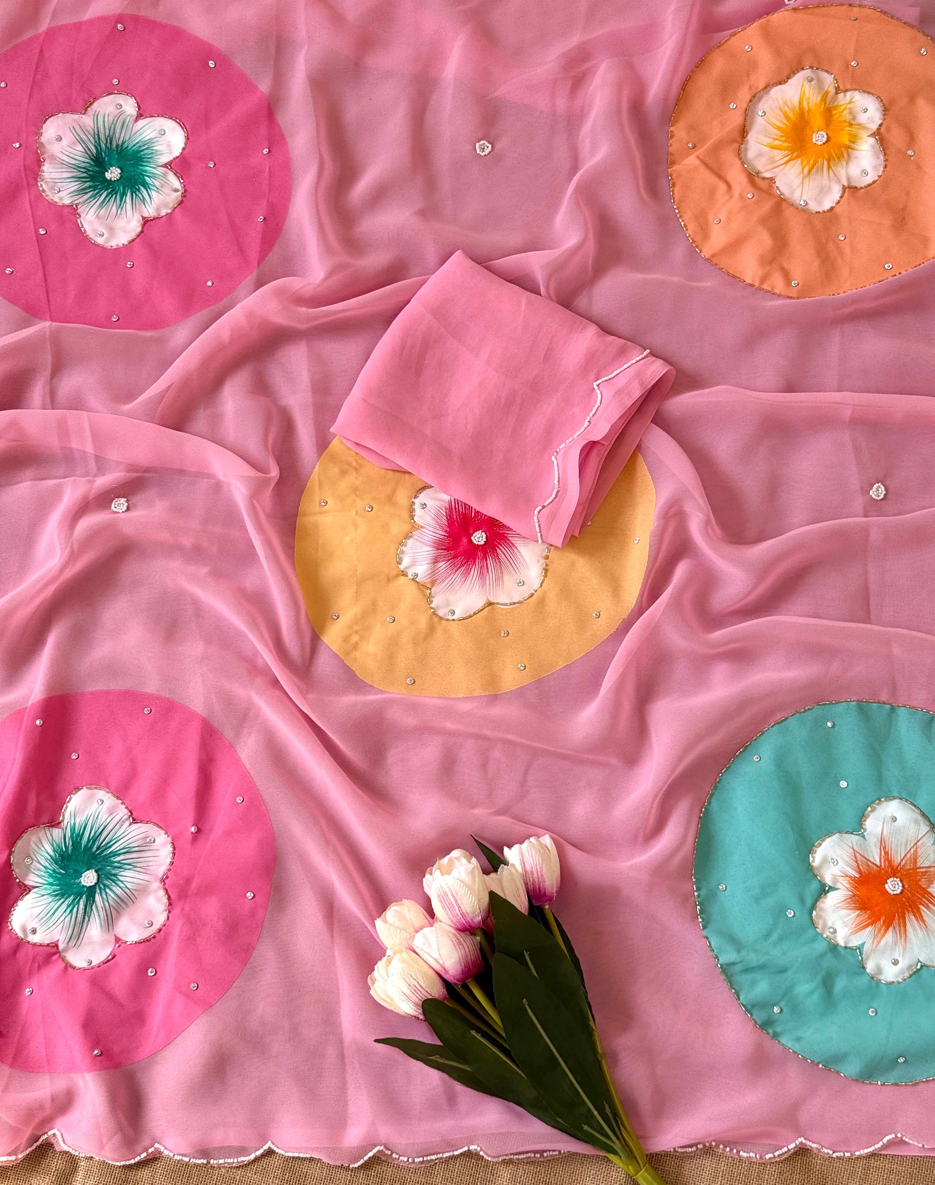 Attractive Festive Wear Soft Pure Georgette Handwork Flower Design Fancy Saree With Blouse Piece
