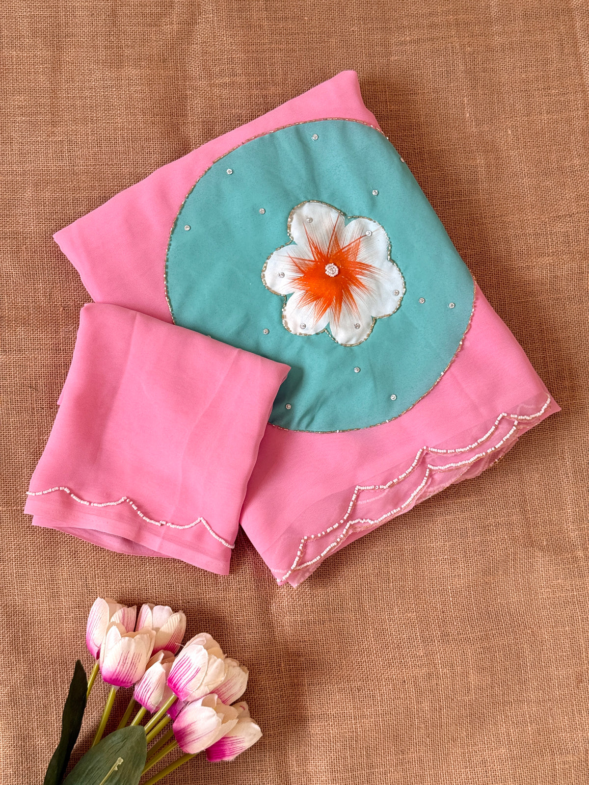 Attractive Festive Wear Soft Pure Georgette Handwork Flower Design Fancy Saree With Blouse Piece