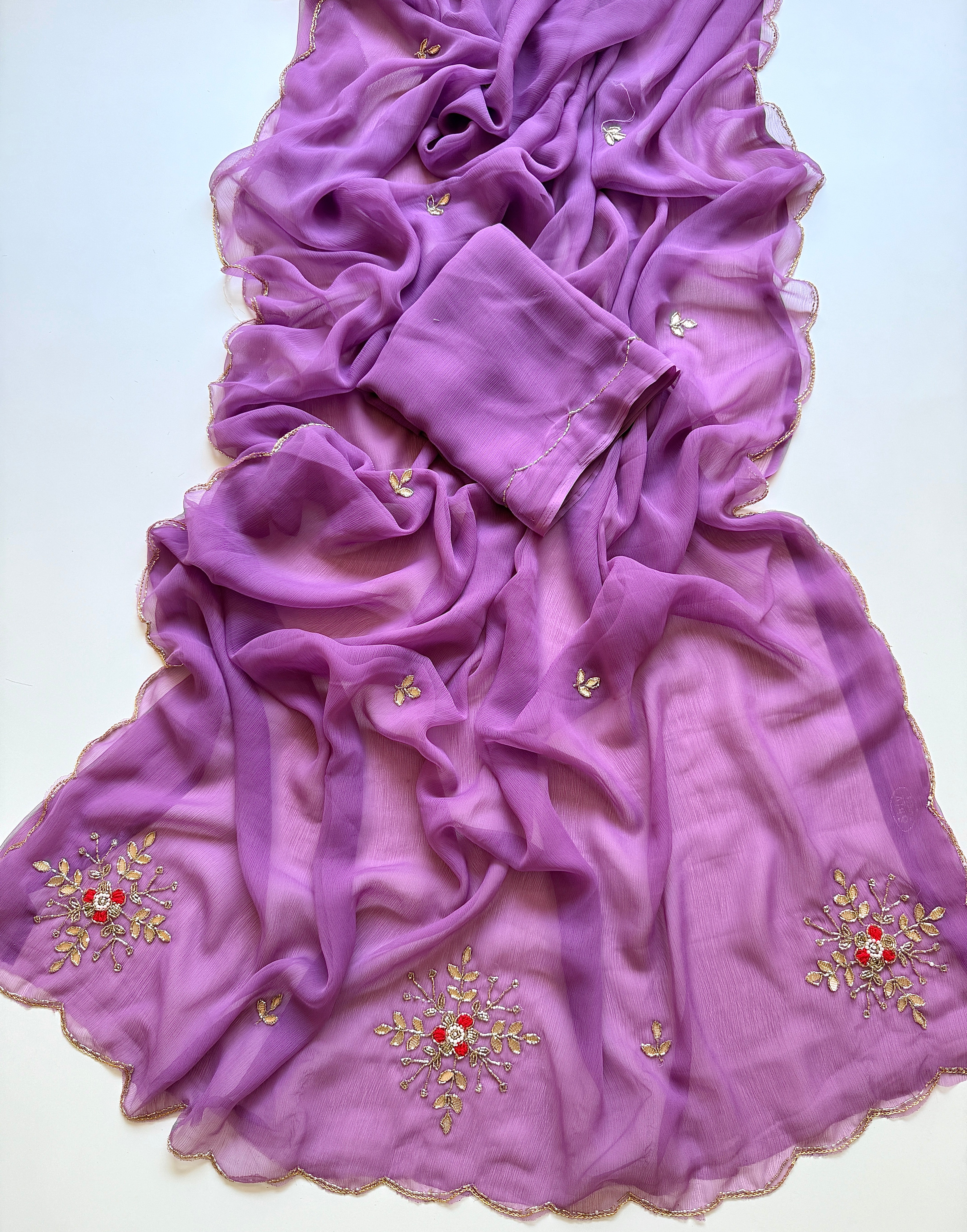 Exuberant Function Wear Pure Chiffon Silk Handwork Designer Saree With Matching Blouse Piece