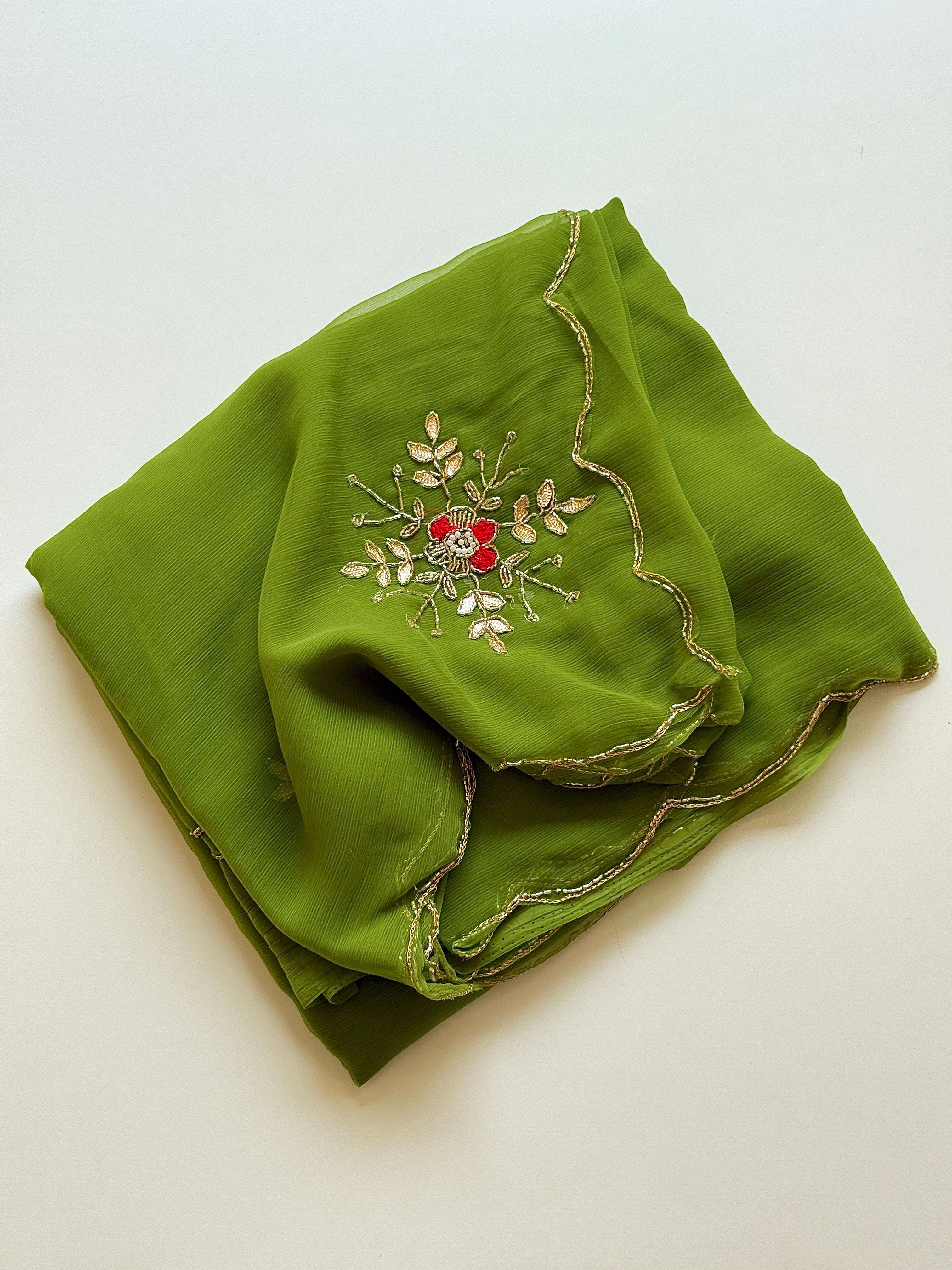 Exuberant Function Wear Pure Chiffon Silk Handwork Designer Saree With Matching Blouse Piece