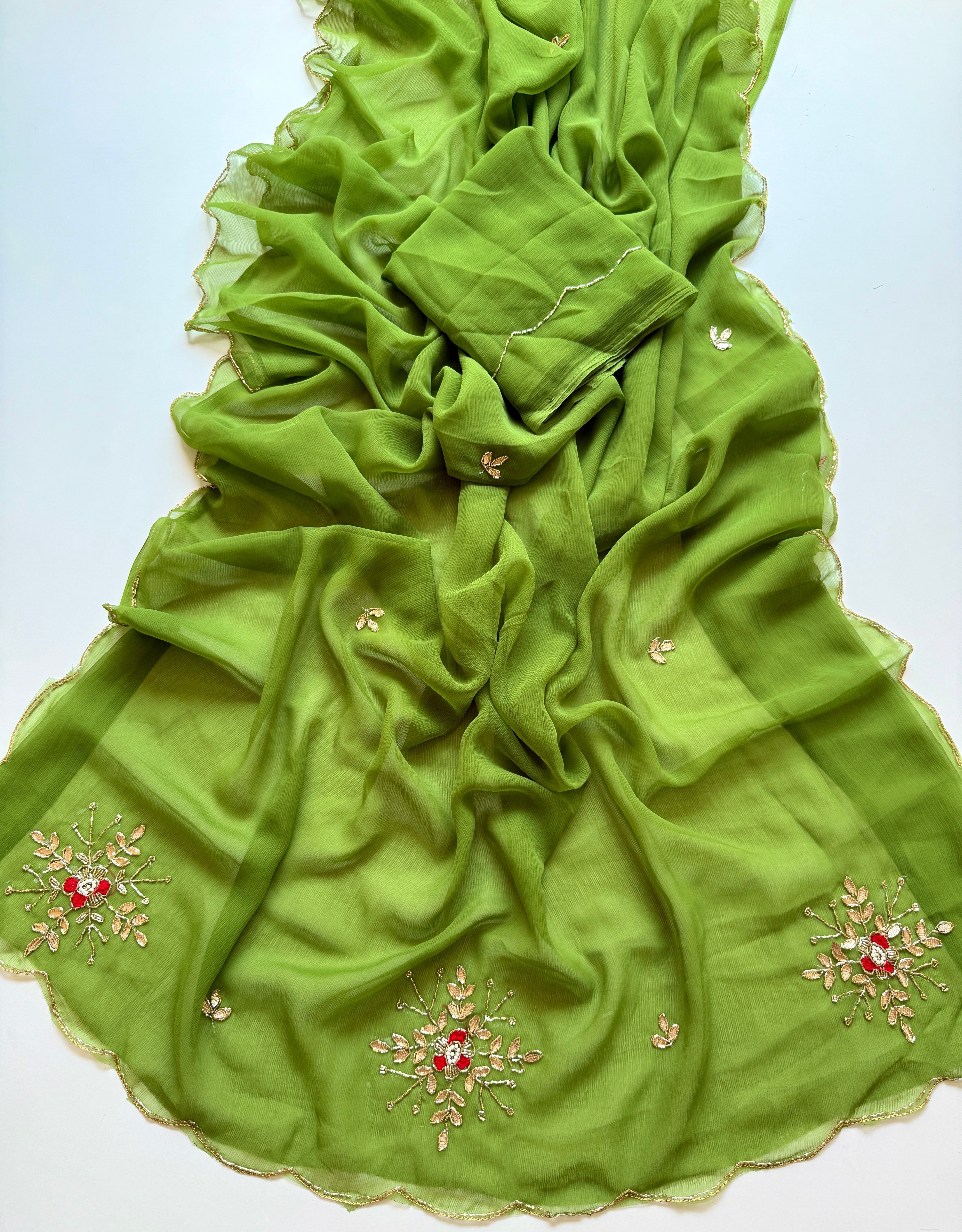 Exuberant Function Wear Pure Chiffon Silk Handwork Designer Saree With Matching Blouse Piece