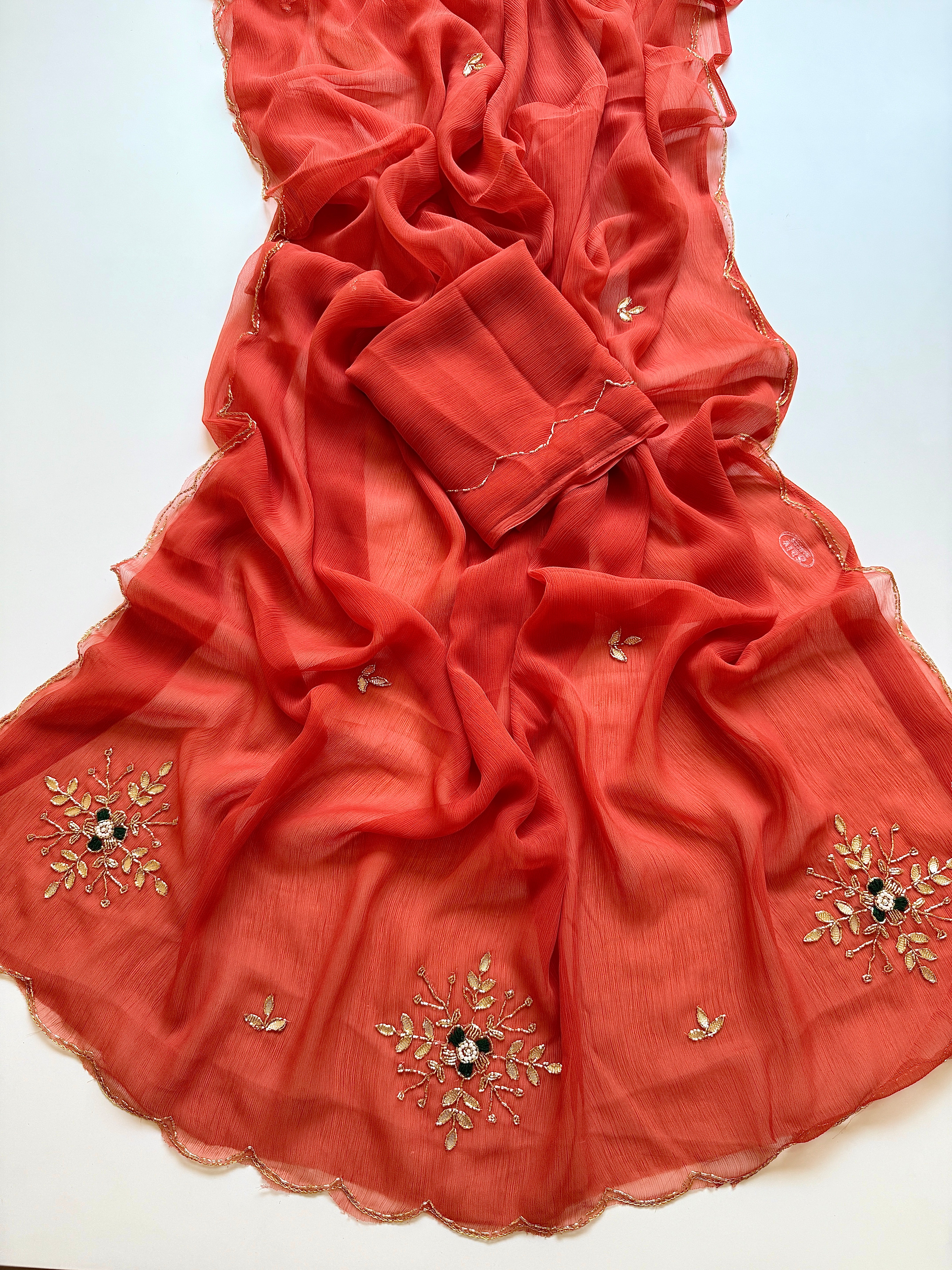 Exuberant Function Wear Pure Chiffon Silk Handwork Designer Saree With Matching Blouse Piece